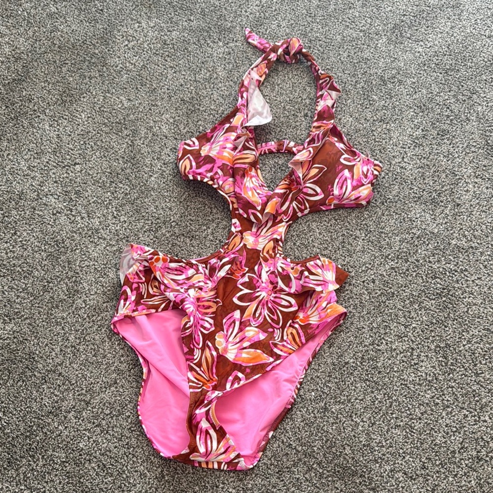 Womens,Floral Pink and Brown Swimsuit, NWT